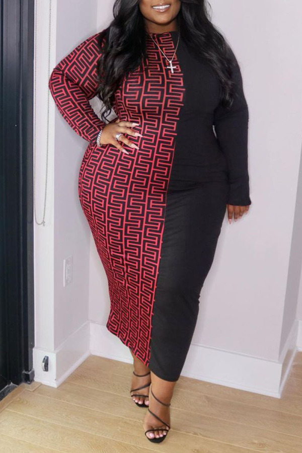 Black Red Casual Print Split Joint O Neck Straight Plus Size Dresses