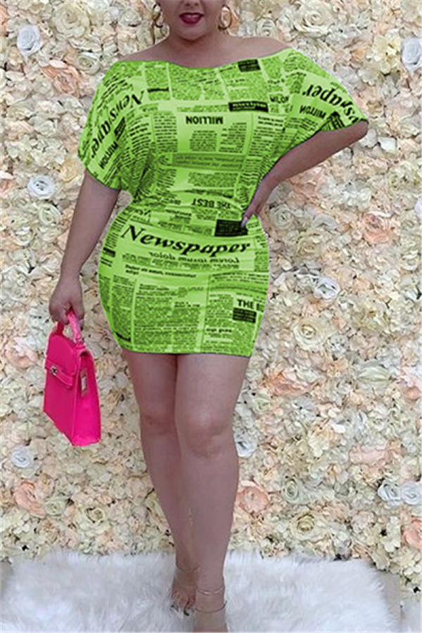 Green Sexy Bat sleeve Short Sleeves One word collar Step Skirt skirt Print