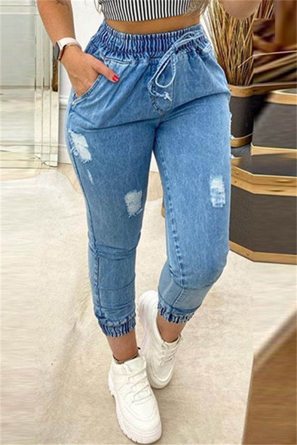 Blue Fashion Casual Solid Ripped High Waist Regular Denim Jeans