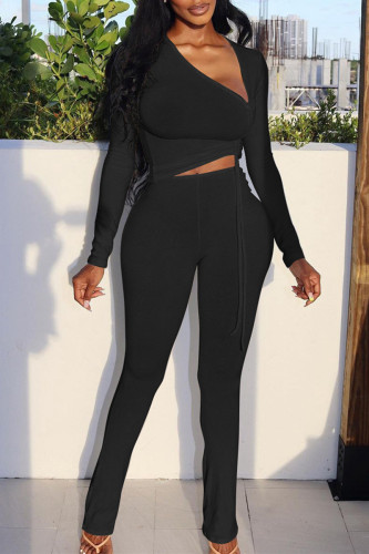Black Fashion Casual Solid Draw String Oblique Collar Long Sleeve Two Pieces