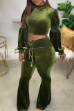 Green Sexy Solid Flounce Half A Turtleneck Long Sleeve Two Pieces