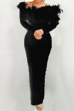 Black Elegant Solid Patchwork Feathers Beading Off the Shoulder Evening Dress Dresses