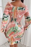 Multicolor Fashion Sexy Print Fold V Neck Long Sleeve Dresses