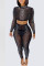 Black Fashion Sexy Hot Drilling See-through O Neck Long Sleeve Two Pieces
