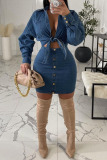 Peacock Blue Casual Solid Bandage Patchwork Buttons Turndown Collar Long Sleeve Two Pieces