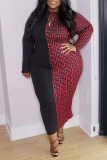 Black Red Casual Print Split Joint O Neck Straight Plus Size Dresses