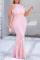 Pink Fashion Sexy Plus Size Solid Split Joint O Neck Sleeveless Evening Dress