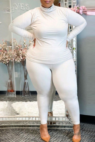 White Fashion Casual Solid Basic Turtleneck Plus Size Two Pieces (Without Belt)