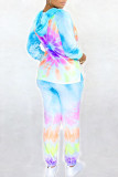 Light Purple Fashion Casual Tie Dye Printing Hooded Collar Long Sleeve Two Pieces