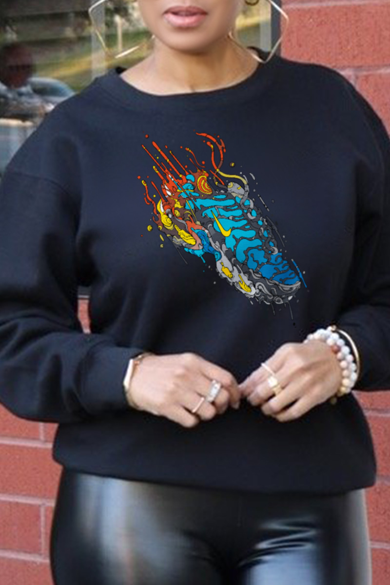 

Black Casual Sportswear Print Split Joint O Neck Tops