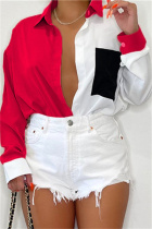 Red Fashion Casual Patchwork Basic Turndown Collar Tops