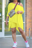 Yellow Sexy Patchwork Solid asymmetrical Straight Short Sleeve Two Pieces