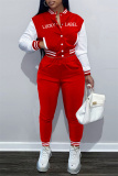 Red Fashion Casual Letter Print Patchwork Long Sleeve Two Pieces