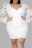 White Fashion Sexy Patchwork See-through V Neck Long Sleeve Plus Size Dresses