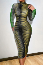 Green Fashion Sexy Striped Print See-through Turtleneck Long Sleeve Dresses