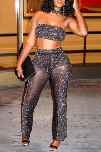 Black Fashion Sexy Hot Drilling See-through Backless Strapless Sleeveless Two Pieces