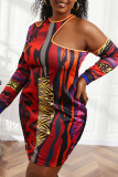 Red Sexy Print Hollowed Out Patchwork Asymmetrical O Neck One Step Skirt Plus Size Dresses