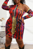 Yellow Sexy Print Hollowed Out Patchwork Asymmetrical O Neck One Step Skirt Plus Size Dresses