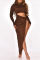 Brown Fashion Sexy Solid Hollowed Out Slit O Neck Long Sleeve Dresses
