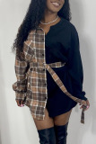 Khaki Casual Plaid Print Patchwork Buckle With Belt Turndown Collar Tops