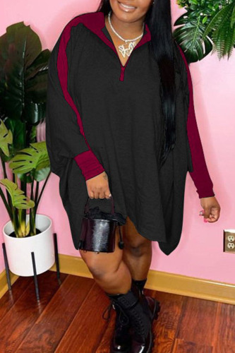 Black Casual Solid Patchwork Zipper Collar Long Sleeve Dresses