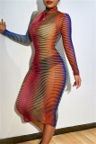 Orange Fashion Sexy Striped Print See-through Turtleneck Long Sleeve Dresses