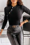 Black Fashion Elegant Solid Patchwork Buckle O Neck Tops