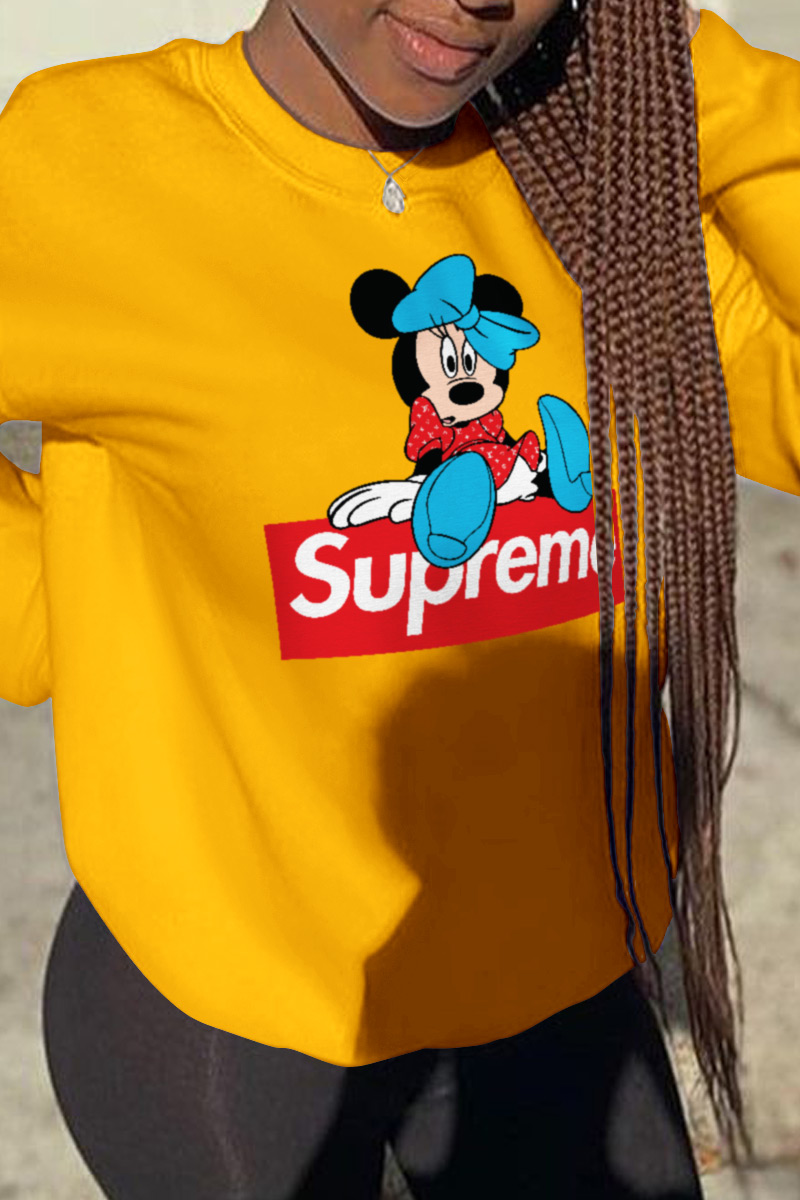 

Yellow Casual Street Print Split Joint Letter O Neck Tops