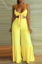 Yellow Sexy Casual Solid Backless Spaghetti Strap Sleeveless Two Pieces