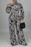 Black Casual Print Split Joint With Belt Straight Jumpsuits