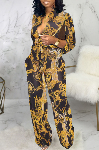 Yellow Casual Print Patchwork V Neck Straight Jumpsuits