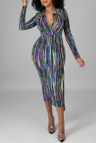 Multicolor Sexy Striped Print Patchwork With Belt Turndown Collar One Step Skirt Dresses