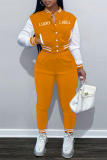 Orange Fashion Casual Letter Print Patchwork Long Sleeve Two Pieces