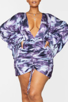 Purple Sexy Print Split Joint Fold V Neck One Step Skirt Plus Size Dresses
