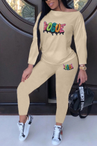 Khaki venetian Casual Two Piece Suits Patchwork Sequin pencil Long Sleeve Two-piece Pants Set