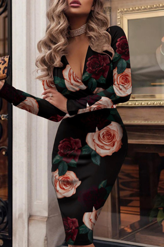 Black Fashion Casual Print Basic V Neck Long Sleeve Dresses