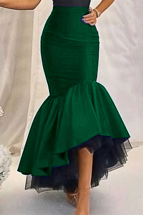 Ink Green Fashion Casual Solid Patchwork Regular High Waist Skirt