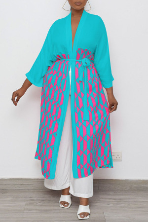 Cyan Casual Geometric Print Patchwork With Belt Outerwear