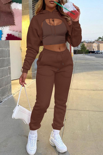 Brown Casual Street Solid Patchwork Hooded Collar Long Sleeve Three Pieces