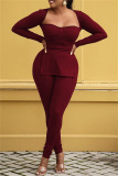 Burgundy Fashion Casual Solid Slit Square Collar Long Sleeve Two Pieces
