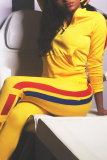 Yellow Fashion adult Casual Two Piece Suits Solid contrast color Patchwork pencil Long Sleeve Tw