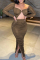 Brownness Fashion Sexy Solid Slit Fold Square Collar Long Sleeve Dresses