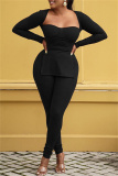 Black Fashion Casual Solid Slit Square Collar Long Sleeve Two Pieces