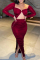 Burgundy Fashion Sexy Solid Slit Fold Square Collar Long Sleeve Dresses
