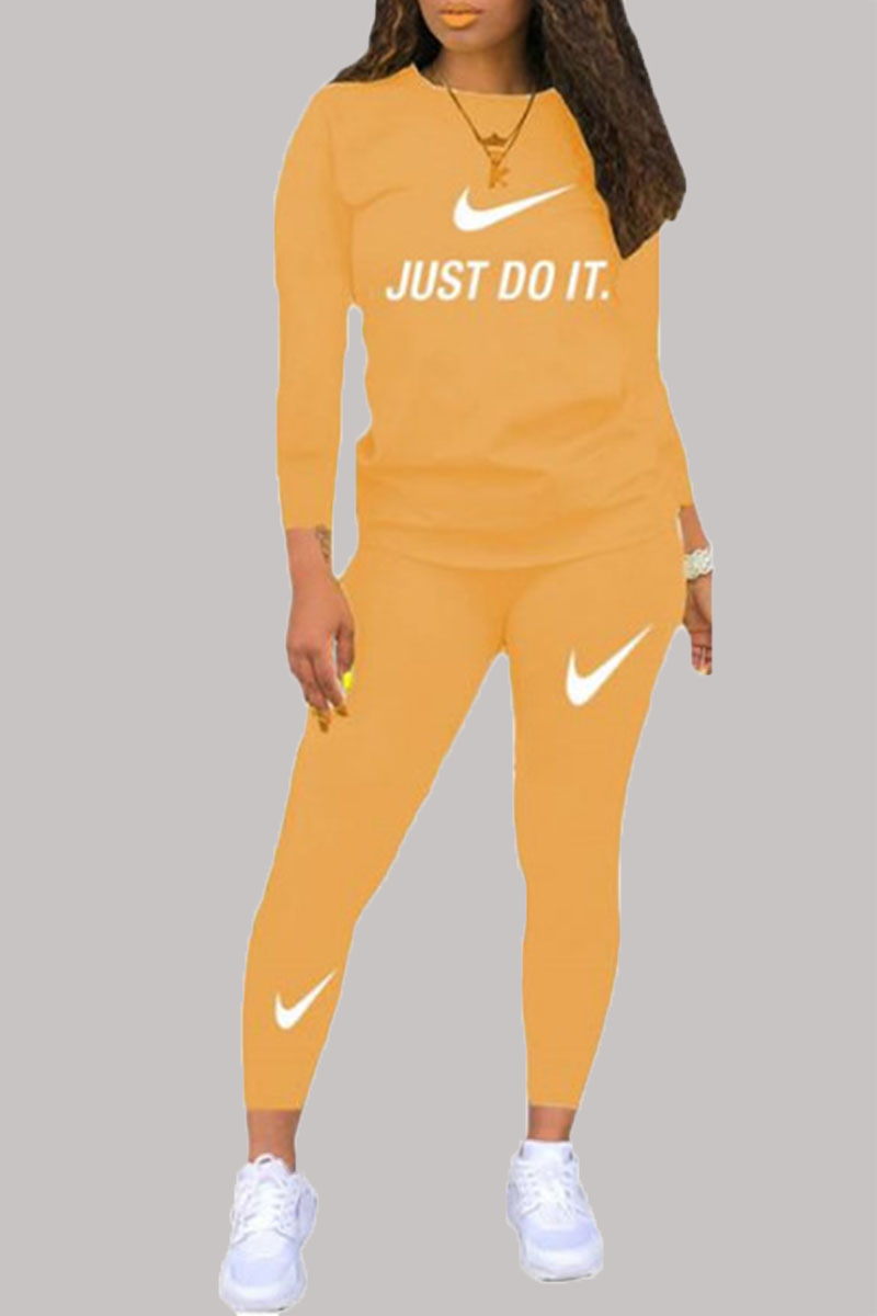 

Yellow Fashion Sweet Print Letter O Neck Long Sleeve Two Pieces