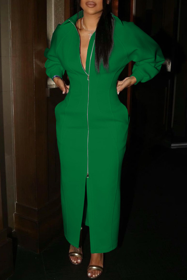 Green Fashion Casual Solid Patchwork Slit Zipper Turndown Collar Long Sleeve Dresses