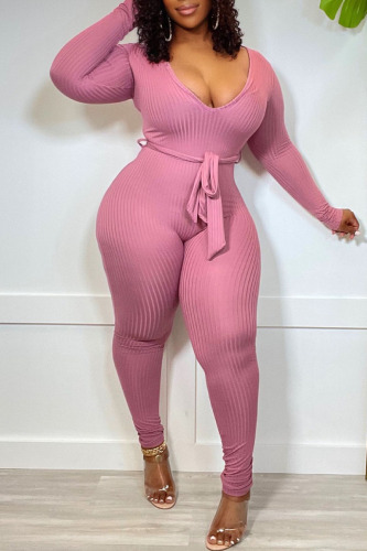 Pink Casual Solid Patchwork With Belt V Neck Skinny Jumpsuits