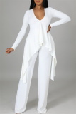 White Casual Solid Patchwork Asymmetrical V Neck Long Sleeve Two Pieces