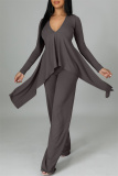 Black Casual Solid Patchwork Asymmetrical V Neck Long Sleeve Two Pieces