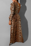 Leopard Print Sexy Print Leopard Patchwork Fold Asymmetrical Oblique Collar Dresses